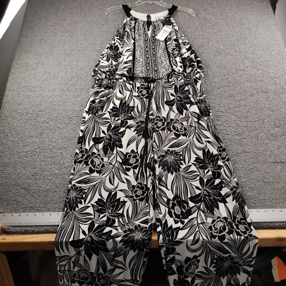 Chico's Jumpsuit Womens XL Size 16 Marisa Graphic Floral Black White Halter